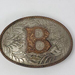 Vintage Metal Belt Buckle, Silver and Brass, Initial B, Letter B, Silversmith Co